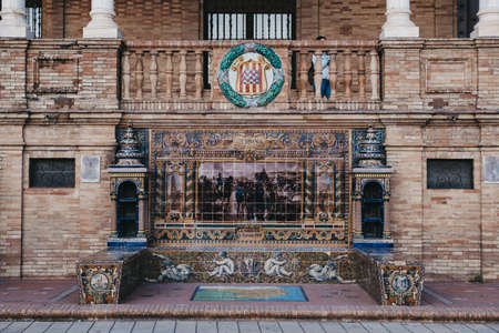 Seville, Spain - January 17, 2020: Gerona tiled Provincial Alcove at Plaza de EspaÃ±a, a plaza in the Parque de Maria Luisa, Seville, Spain, built in 1928 for the Ibero-American Exposition.のeditorial素材