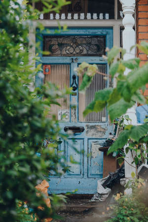 London, UK - May 26, 2020:Blue aged front door of an Edwardian house in London, view through the branches, selective focus. Edwardian style promotes simple design and an appreciation for the handmade.のeditorial素材