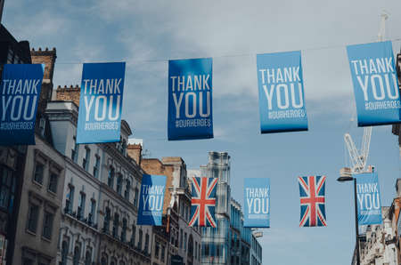 London, UK - June 13, 2020: Thank You banners and Union Jack flags on New Oxford Street, a famous and busy shopping street in Central London, UK.のeditorial素材