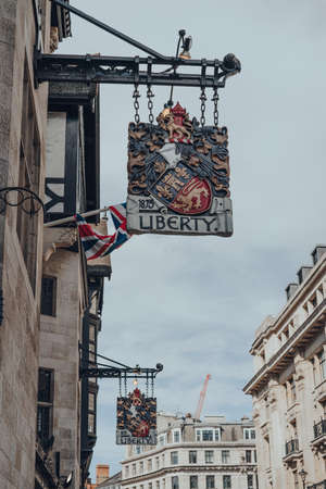 London, UK - June 13, 2020: Signs outside Liberty Department Store in London, selective focus. Opened in 1875, it is famous for luxury goods and classic Liberty designs.のeditorial素材