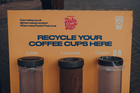 London, UK - June 13, 2020: Carnaby Feels The Love coffee cups recycling station in Carnaby Street, London, a pedestrianised shopping street in Soho with over 100 shops and restaurants.のeditorial素材