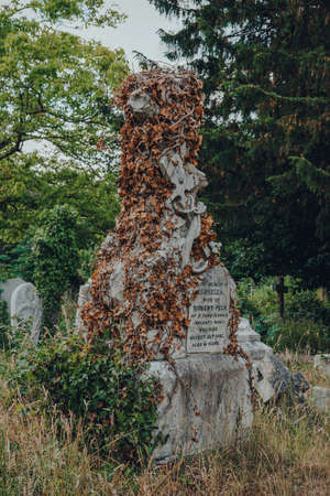 London, UK - June 16, 2020: Tombstone covered in dried ivy inside Hampstead Cemetery, a historic...