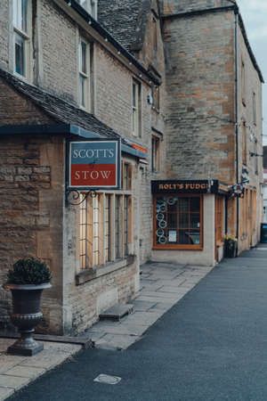 Stow-on-the-Wold, UK - July 6, 2020: Sign outside Scotts of Stow shop in Stow-on-the-Wold, a market town in Cotswolds build on Roman Fosse Way. Selective focus.のeditorial素材