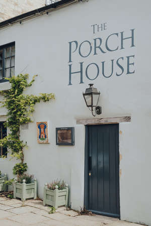 Stow-on-the-Wold, UK - July 10, 2020: Side door entrance to The Porch House pub and inn in...