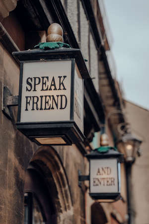 Oxford, UK - August 04, 2020: Speak Friend and Enter lamps outside The Story Museum in Oxford, a city in England famous for its prestigious university, established in the 12th century.のeditorial素材