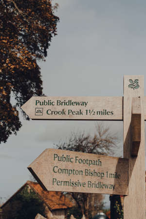 Mendip Hills, UK - October 07, 2020: Directional signs inside The Mendip Hills, a range of limestone...