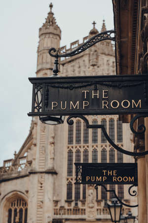 Bath, UK - October 04, 2020: View of the sign at the entrance to the Pump Room, a well-preserved...