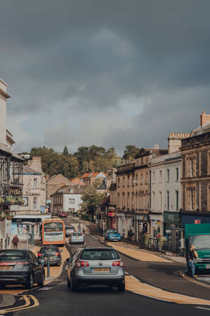 Frome, UK - October 07, 2020: Cars on Market Place street in Frome, a market town in the county of Somerset famous for its market and independent shops, on a rainy autumn day.のeditorial素材