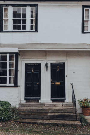Rye, UK - October 10, 2020: Facade of The House with Two Front Doors, a fifteenth century Bed and Breakfast on Mermaid Street in Rye, one of the best-preserved medieval towns in England.のeditorial素材