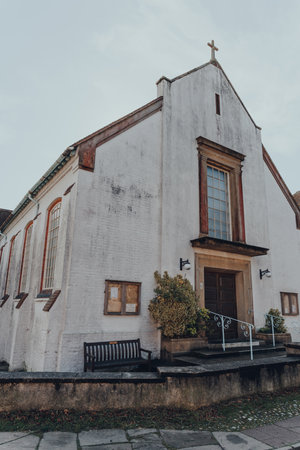Rye, UK - October 10, 2020: Low angle view of Rye Methodist Church in Rye, one of the best-preserved medieval towns in East Sussex, England.のeditorial素材