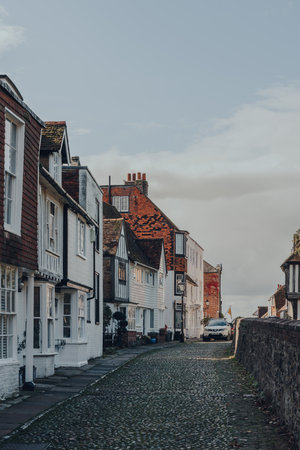 Rye, UK - October 10, 2020: Row of old timber framed house on Church Square in Rye, one of the best-preserved medieval towns in East Sussex, England.のeditorial素材