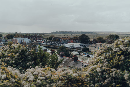 Rye, UK - October 10, 2020: Scenic view over the greenery from Watchbell Lane in Rye, one of the best-preserved medieval towns in East Sussex, England.のeditorial素材
