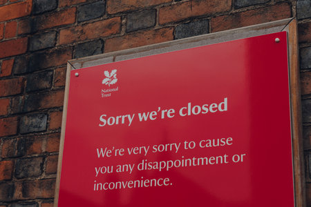 Rye, UK - October 10, 2020: Close up of Sorry We Are Closed sign outside National Trust Lamb House...