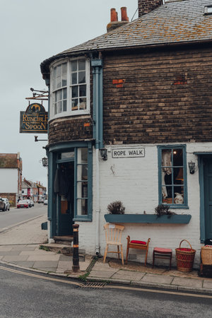Rye, UK - October 10, 2020: Second hand items on sale outside The Runcible Spoon on Rope walk in...