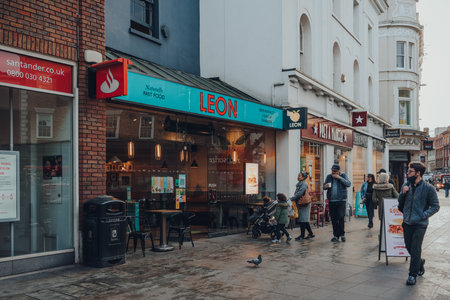 London, UK - October 10, 2020: Row of chain restaurants on a street in Richmond, a suburban town in...