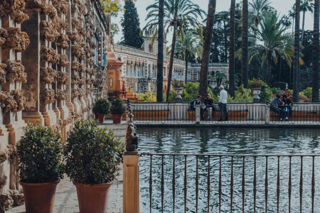 Seville, Spain - January 19, 2020: View of the Mercury Pond by Grutescos Gallery in Alcazar of...
