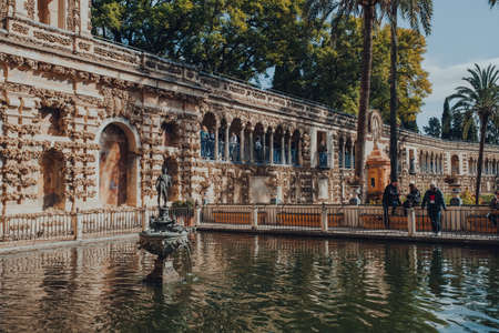 Seville, Spain - January 19, 2020: View of the Mercury Pond by Grutescos Gallery in Alcazar of...