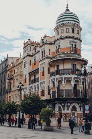 Seville, Spain - January 19, 2020: View of Edificio de La Adriatica, a famous eclectic building by the architect Jose Espiau y Munoz for the important insurance company La Adriatica.のeditorial素材