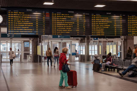 Brussels, Belgium - August 16, 2019: Departure board and timetable inside Gare du Midi, one of the...