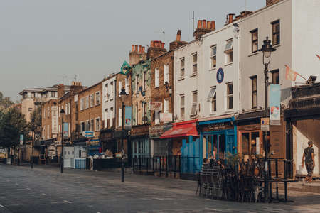 London, UK - August 12, 2020: Row of closed bars and restaurants in Camden Town, London, an area famed for its market and nightlife and popular with tourists, teenagers and punks.のeditorial素材