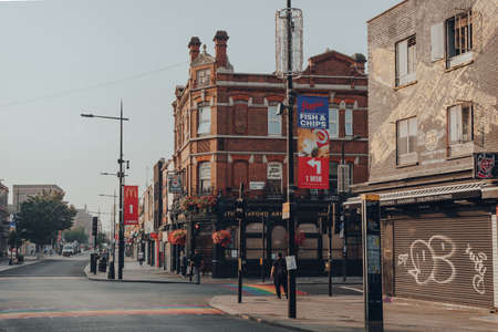 London, UK - August 12, 2020: Closed shops and empty High Street in Camden Town, London, an area famed for its market and nightlife and popular with tourists, teenagers and punks.のeditorial素材
