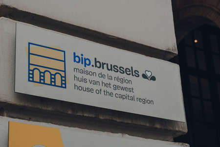 Brussels, Belgium - August 16, 2019: Sign at the entrance to bip.brussels, the house of the Brussels-Capital region providing information about entertainment, cultural life and the places to be.のeditorial素材