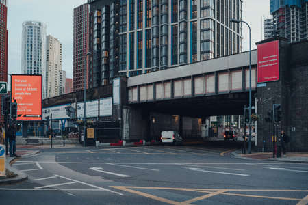 London, UK - May 09, 2021: View of deserted South Lambeth Road, typically busy highway near Vauxhall station in London Borough of Lambeth, surrounded by modern high rise apartment blocks.のeditorial素材