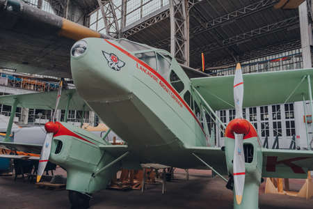 Brussels, Belgium - August 17, 2019: Restored de Havilland DH.89A Dragon Rapide G-AKNV in The Royal Museum of the Armed Forces and Military History, famous military museum in Brussels.のeditorial素材