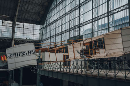 Brussels, Belgium - August 17, 2019: A Replica of Voisin de Caters N IV antique military airplane in The Royal Museum of the Armed Forces and Military History, famous military museum in Brussels.のeditorial素材