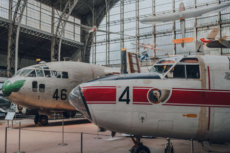 Brussels, Belgium - August 17, 2019: Aircrafts inside aviation hall of The Royal Museum of the Armed Forces and Military History, famous museum in Brussels.のeditorial素材