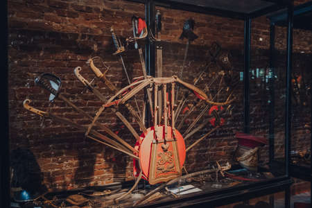 Brussels, Belgium - August 17, 2019: Variety of swords on exhibit in The Royal Museum of the Armed Forces and Military History, famous military museum in Brussels.のeditorial素材