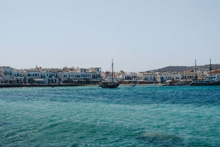 Mykonos Town, Greece - September 24, 2019: View of the boats in new port in Hora, also known as...