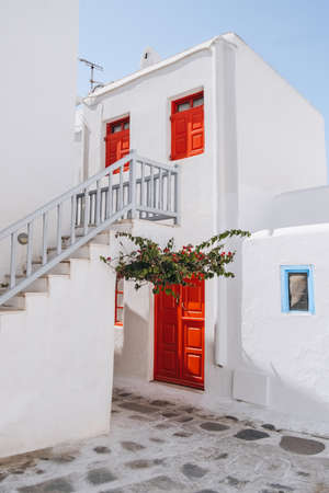 Traditional whitewashed houses with red details in Hora (Mykonos Town), Mykonos, Greece.のeditorial素材