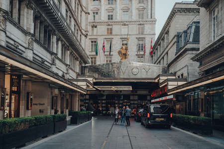 London, UK - October 09, 2021: Entrance of The Savoy Hotel, a luxury landmark hotel on The Strand in London dating from the 1880s.のeditorial素材