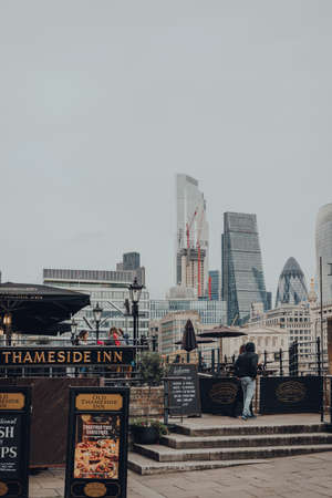 London, UK - October 17, 2021: View of skysrapers in the City of London, the capital's famous financial district, from Thames Bankside. Selective focus on the background.のeditorial素材