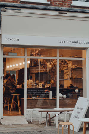 London, UK - October 23, 2021: Facade of be-oom tea shop and garden in Exmouth Market, a semi-pedestrianised street in Clerkenwell, Islington, and a famous street market.のeditorial素材