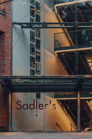 London, UK - October 23, 2021: Name on the facade of Sadler's Wells Theatre, a performing arts venue in Clerkenwell, London.のeditorial素材
