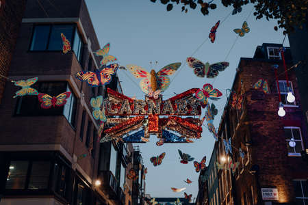 London, UK - November 23, 2021: Shimmering Carnaby sign surrounded by butterflies on Carnaby Street as a part of Christmas installation in collaboration with charity partner Choose Love.のeditorial素材