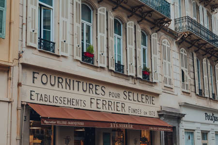 Nice, France - March 10, 2022: Sign on the exterior of ETS Ferrier, an upholstery and supplies store...