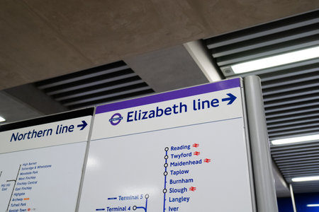 London, UK - September 1, 2022: Direction sign to Elizabeth Line (Crossrail) inside Tottenham Court Road station. Named the Elizabeth line in honour of Queen Elizabeth II who opened it on 17 May 2022.のeditorial素材