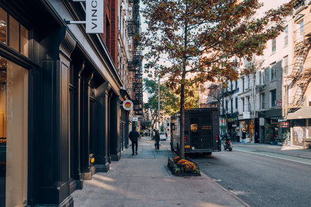 New York, USA - November 21, 2022: UPS delivery can on a street in Nolita, a charming and upscale...