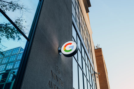 New York, USA - November 21, 2022: Logo sign outside Google store in Chelsea. Opened in summer 2021, it is the first permanent Google retail store in New York.のeditorial素材