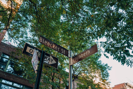 New York, USA - November 2021, 2022: Low angle view of a street name signs on the corner of Bleecker Street and Elizabeth Street, some of the most famous streets in the city.のeditorial素材