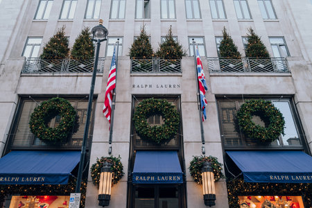 London, UK - December 26, 2022: Christmas decoration on the exterior of Ralph Lauren store on New...