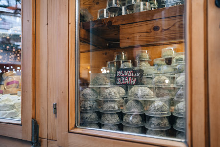 London, UK - January 27, 2023: Blue Brain mouldy cheese on sale at a stall inside Borough Market,...