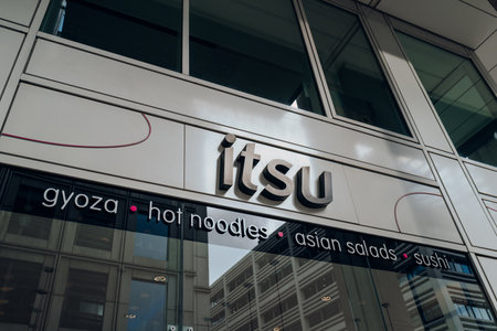 London, UK - February 02, 2023: Sign outside Itsu restaurant in the City of London. Itsu is a...