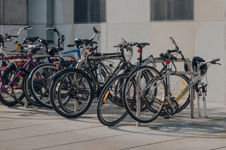London, UK - February 09, 2023: Bicycles parked near Liverpool Street station in London. Bikes are a popular way to commute in the capital.のeditorial素材