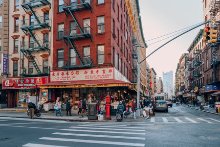 New York, USA - November 21, 2022: Shops on a street in Chinatown, Lower Manhattan. Chinatown is home to the highest concentration of Chinese people in the Western Hemisphere.のeditorial素材