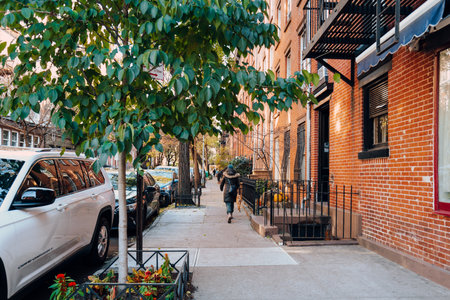 New York, USA - November 21, 2022: Rear view of woman walking a dog in the West Village, a charming area of Manhattan famous for its shops and restaurants.のeditorial素材