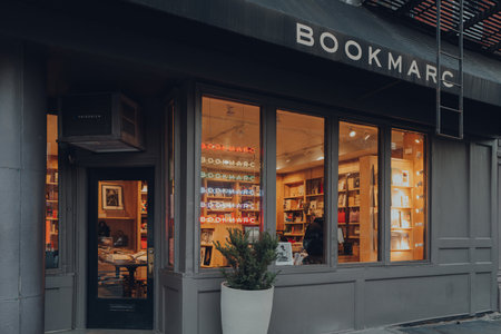 New York, USA - November 21, 2022: Exterior Bookmarc book store in West Village, a charming area of Manhattan famous for its shops and restaurants.のeditorial素材